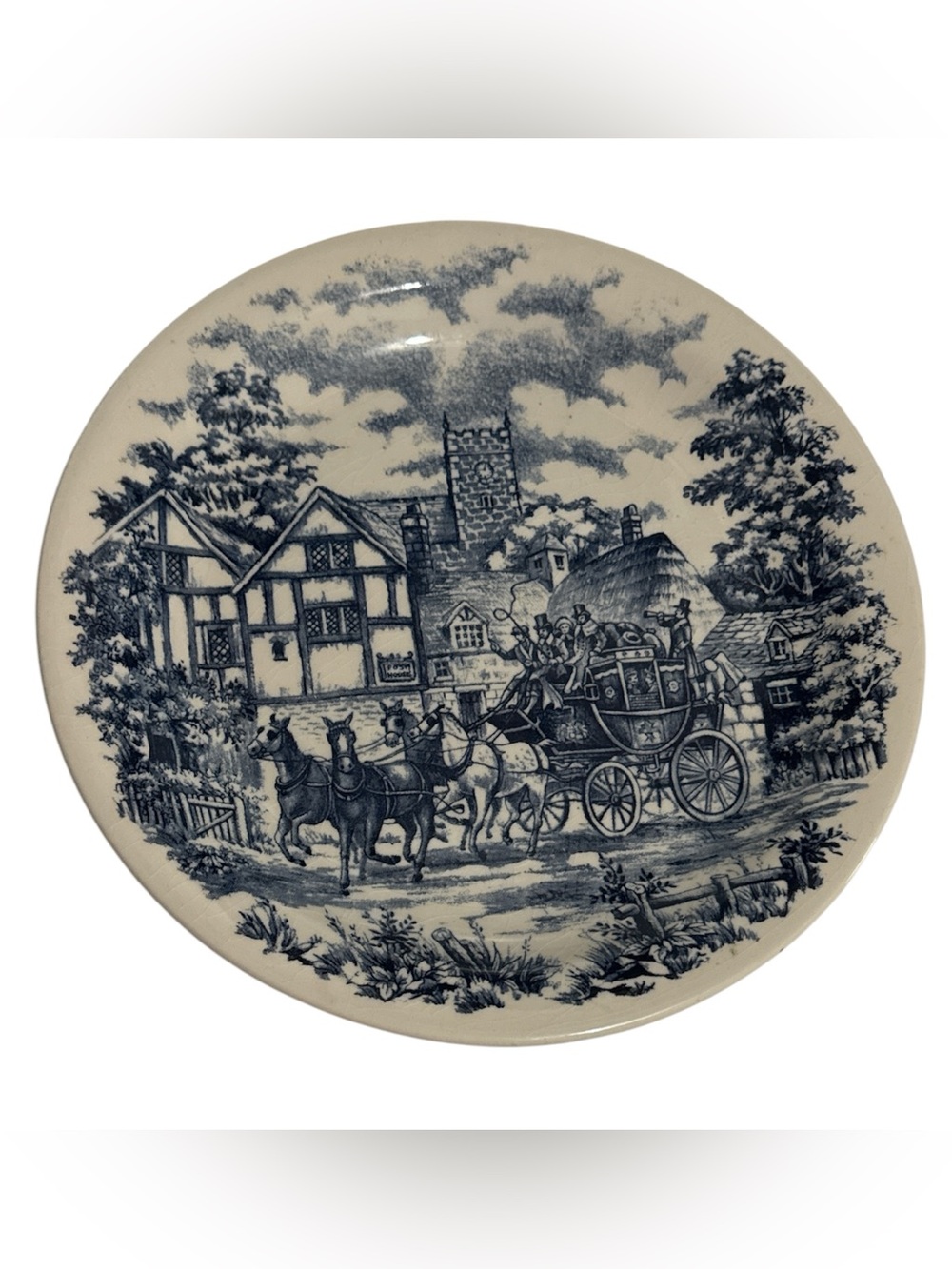 Oxford  1940's Blue Transferware Decorative Dinner  Plate with Horse-Carriage
